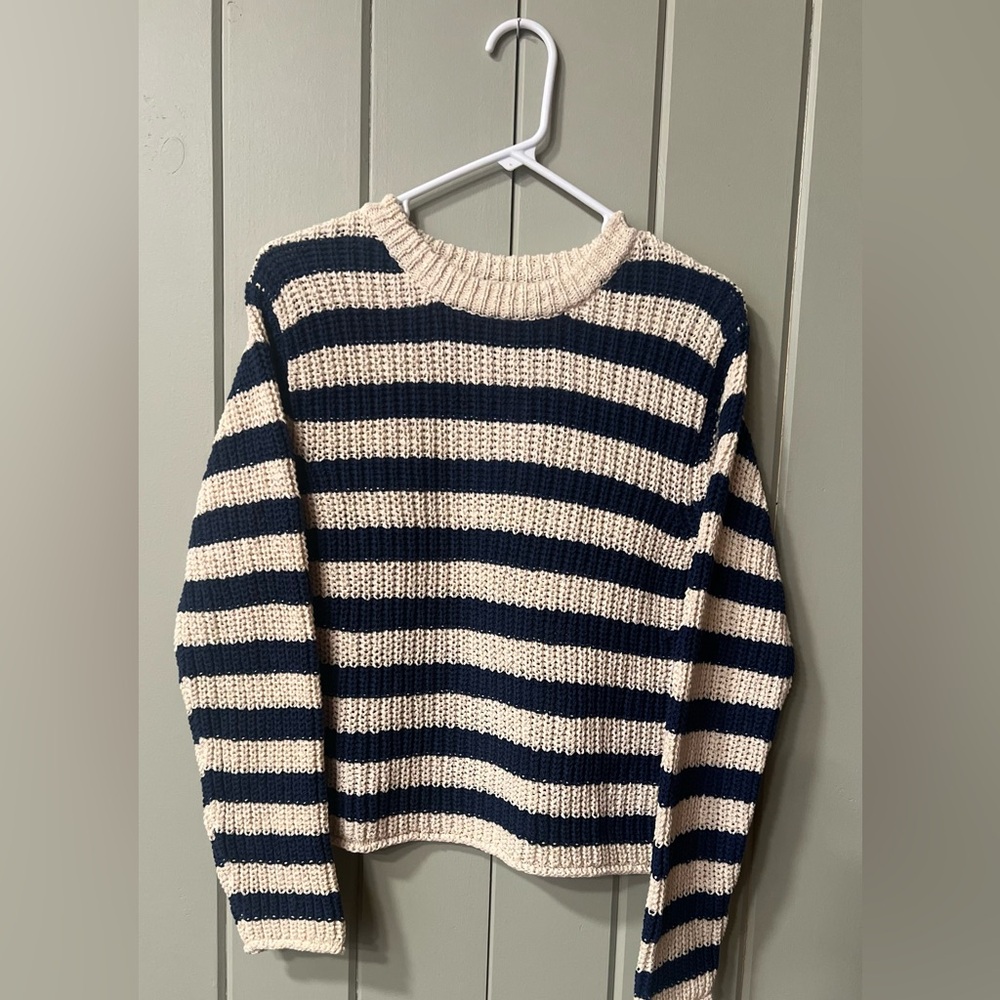 Velvet by Graham & Spencer Small Navy Blue and Ivory Stripe Sweater - Picture 4 of 15